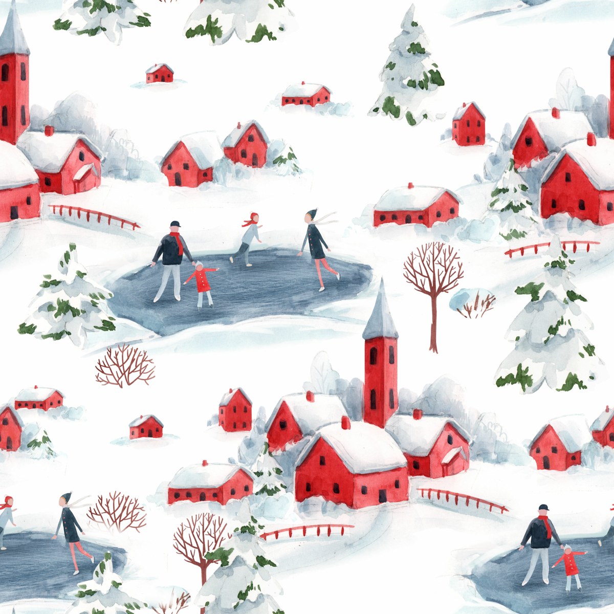 Un village enneigé aux maisons rouges et des familles qui patinent, dans une illustration à l’aquarelle.